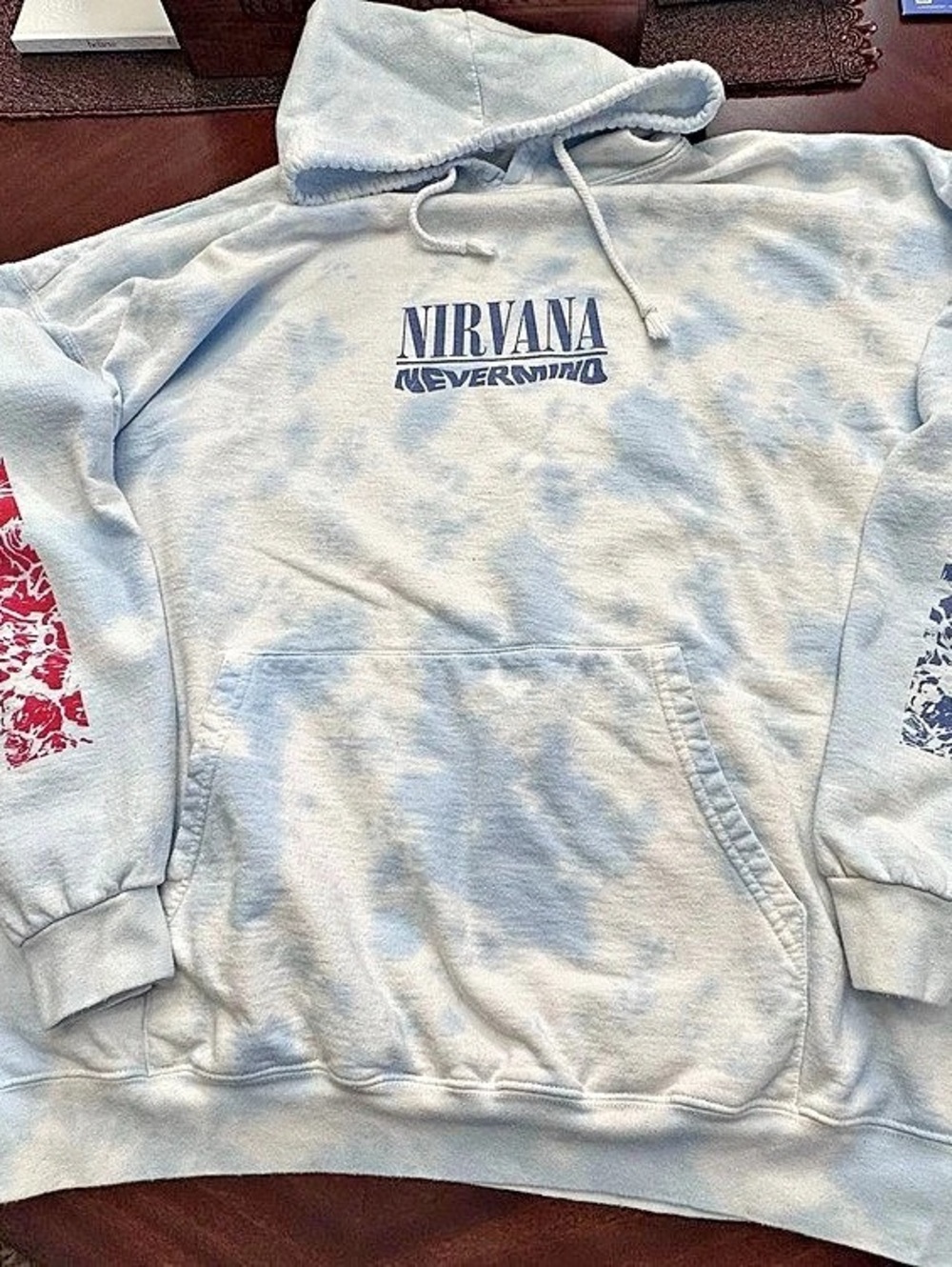 Nirvana Nevermind Tie-Dye Blue White Distressed Band Graphic Hoodie Sweatshirt